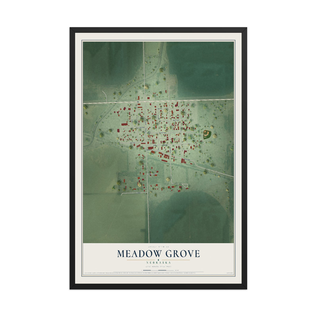 Map of Meadow Grove, Nebraska, 12 x 18 inch print in a black wood frame