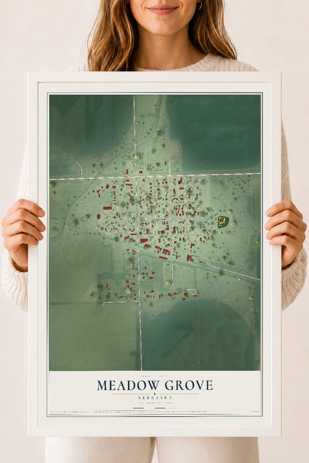 Map of Meadow Grove, Nebraska, 18 x 24 inch print in a white wood frame