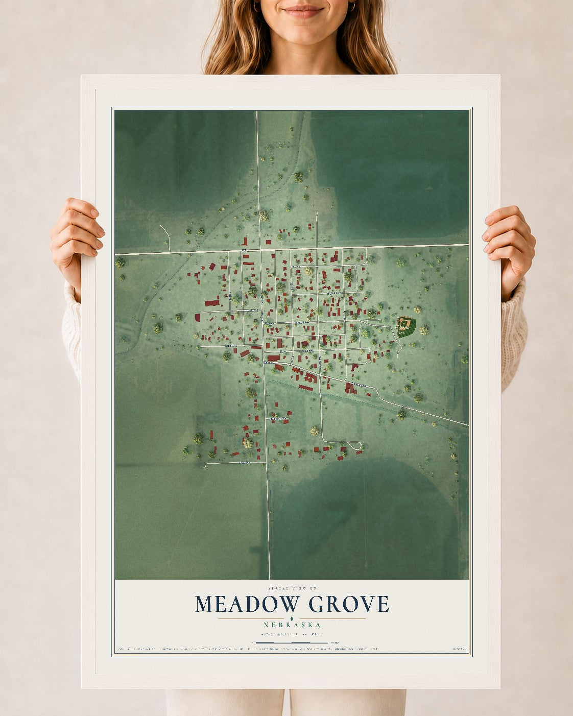 Map of Meadow Grove, Nebraska, 24 x 36 inch print in a white wood frame