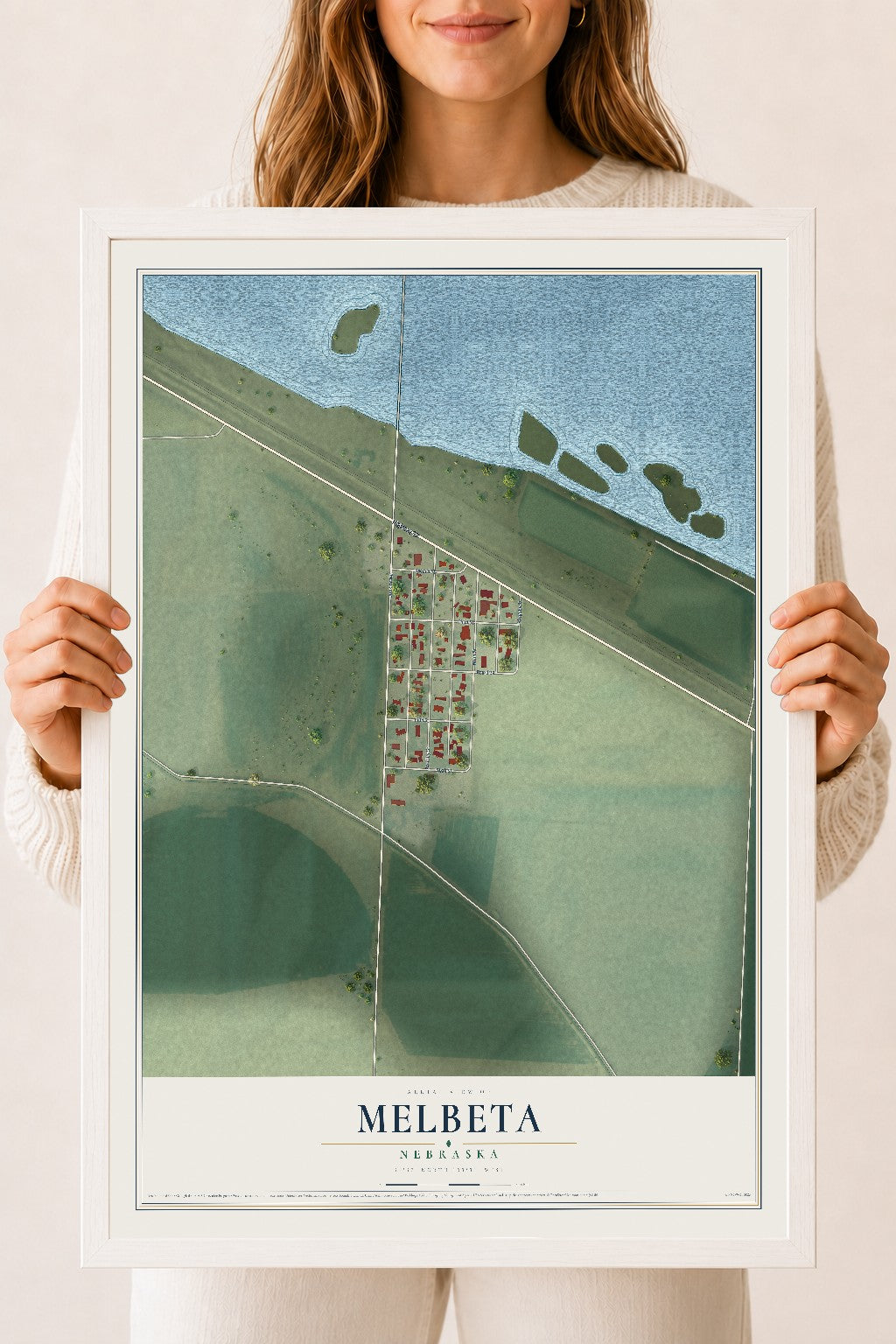 Map of Melbeta, Nebraska, 18 x 24 inch print in a white wood frame