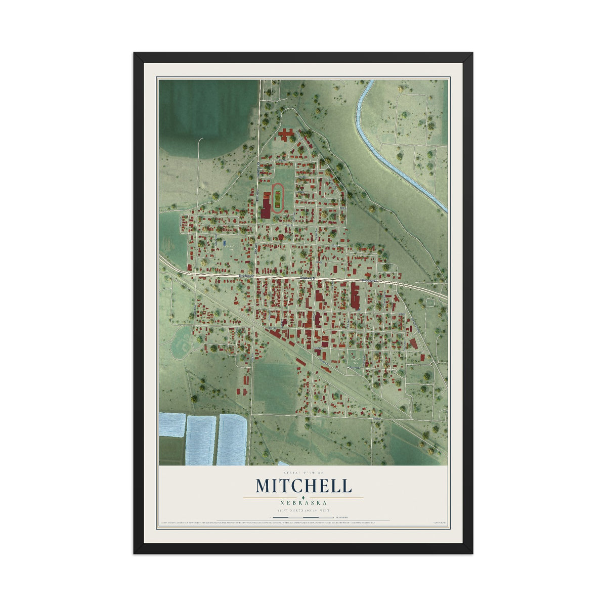 Map of Mitchell, Nebraska, 12 x 18 inch print in a black wood frame