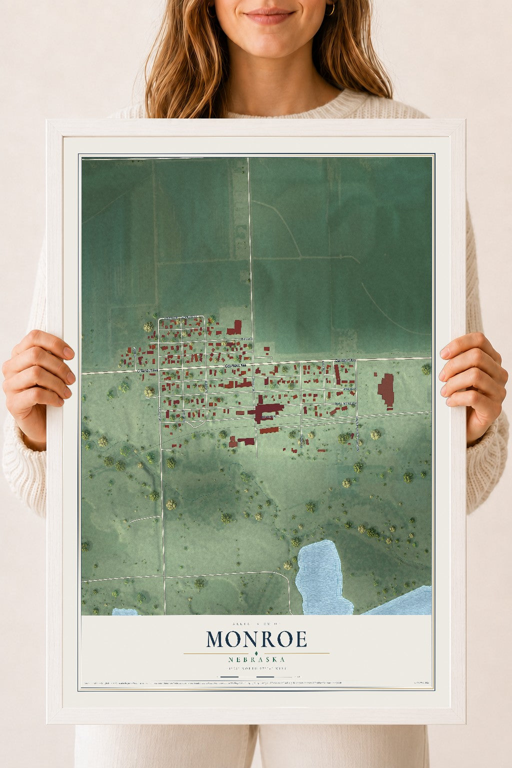 Map of Monroe, Nebraska, 18 x 24 inch print in a white wood frame