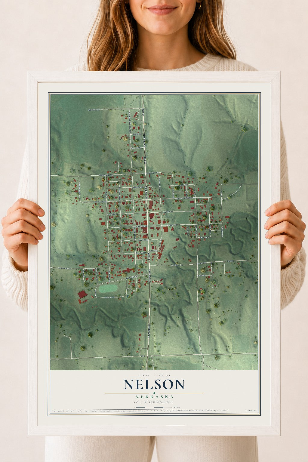 Map of Nelson, Nebraska, 18 x 24 inch print in a white wood frame
