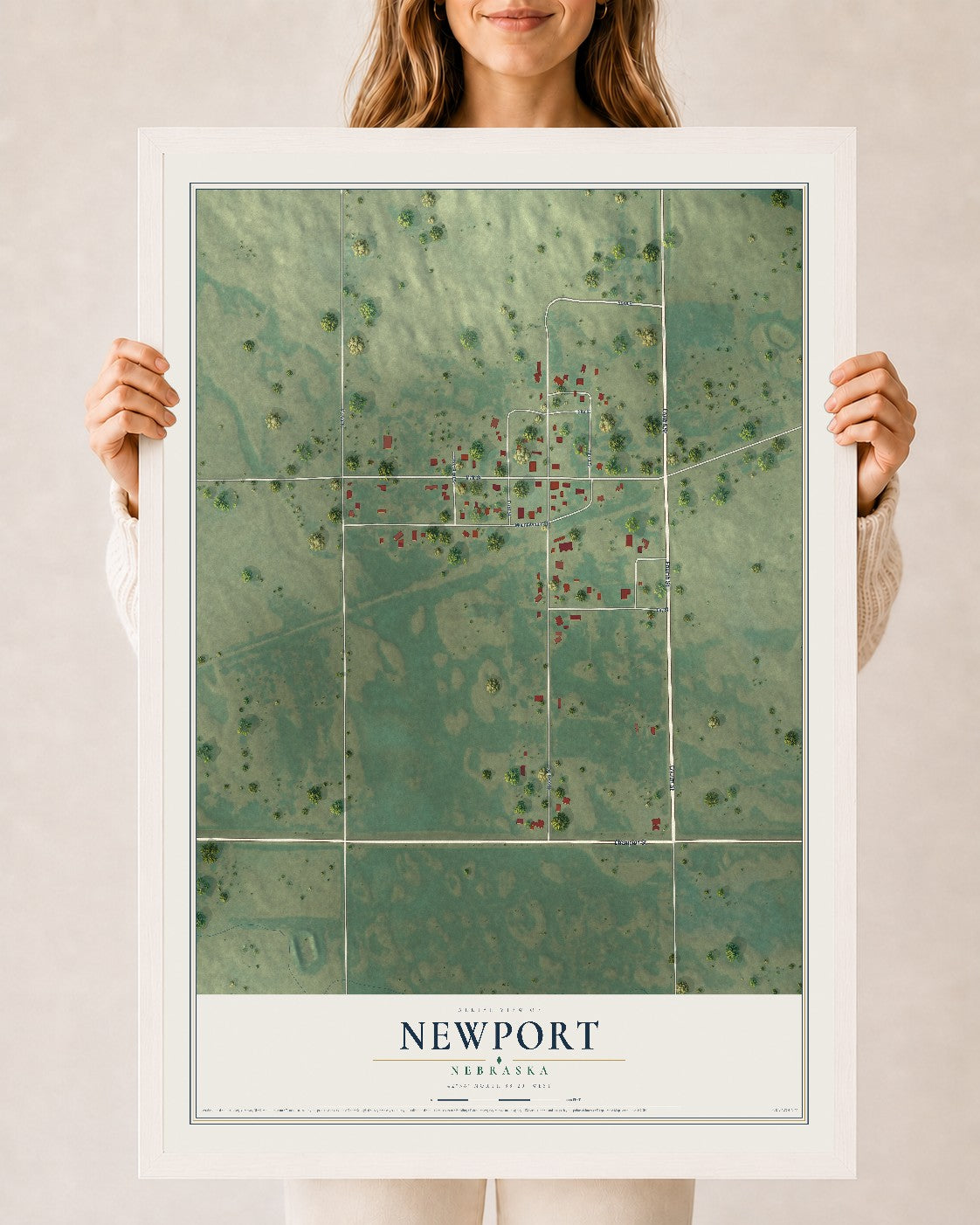 Map of Newport, Nebraska, 24 x 36 inch print in a white wood frame