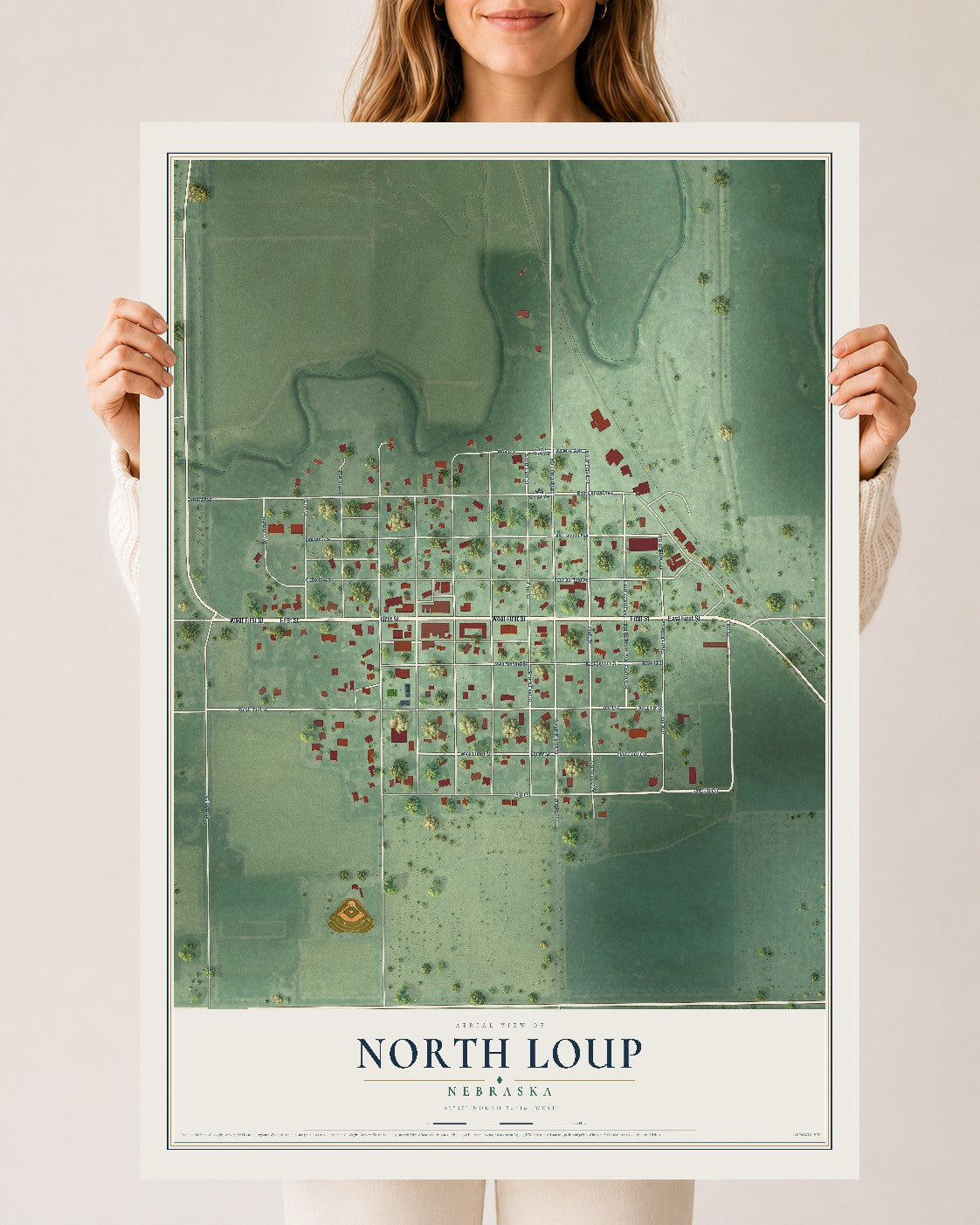 Map of North Loup, Nebraska, 24 x 36 inch unframed archival matte print