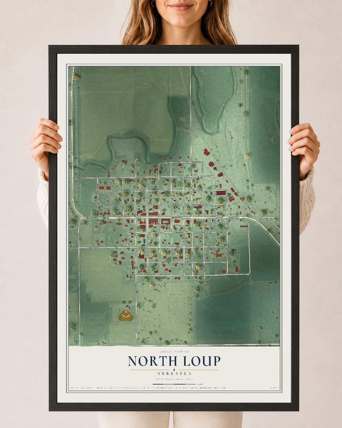 Map of North Loup, Nebraska, 24 x 36 inch print in a black wood frame