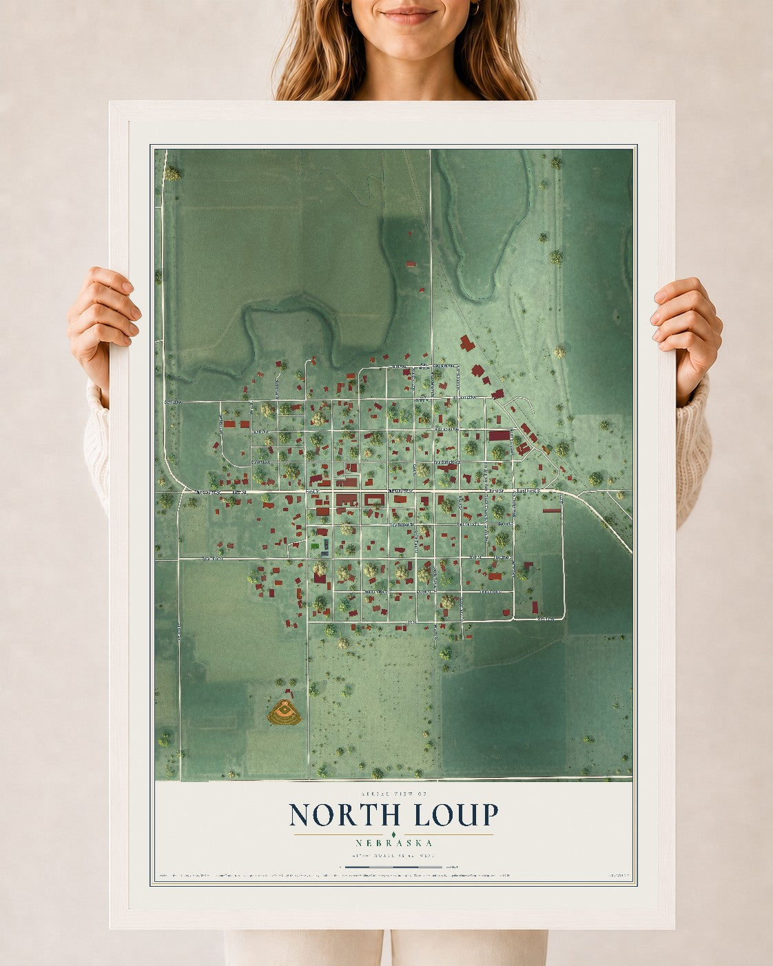 Map of North Loup, Nebraska, 24 x 36 inch print in a white wood frame