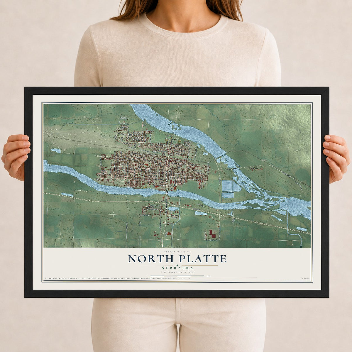 Map of North Platte, Nebraska, 12 x 18 inch print in a black wood frame