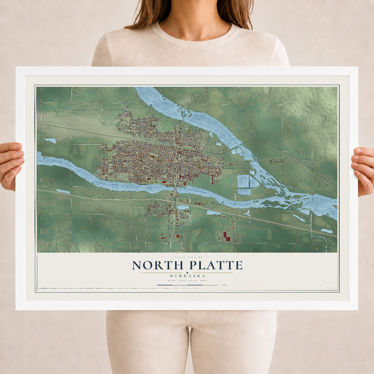 Map of North Platte, Nebraska, 18 x 24 inch print in a white wood frame
