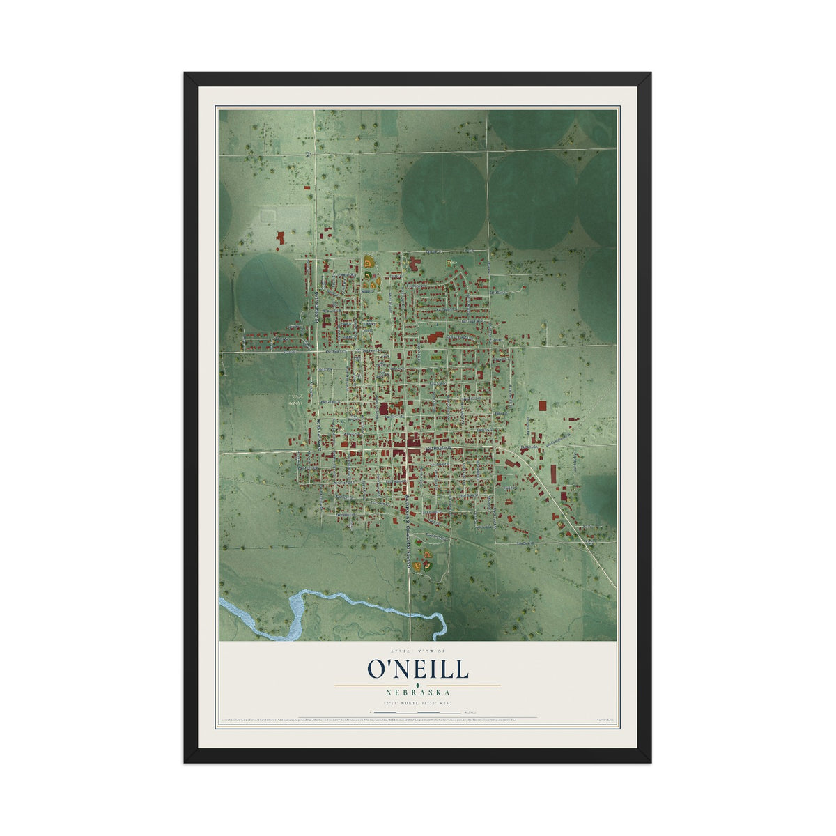 Map of O'Neill, Nebraska, 12 x 18 inch print in a black wood frame