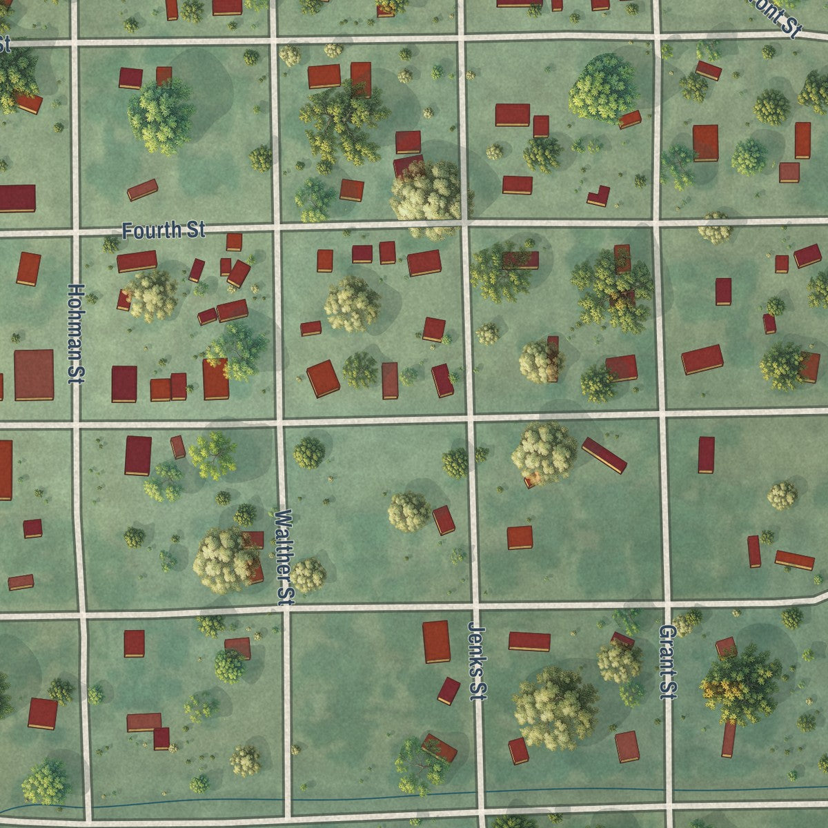 Close-up of the map of Oakdale, Nebraska print showing street and building detail