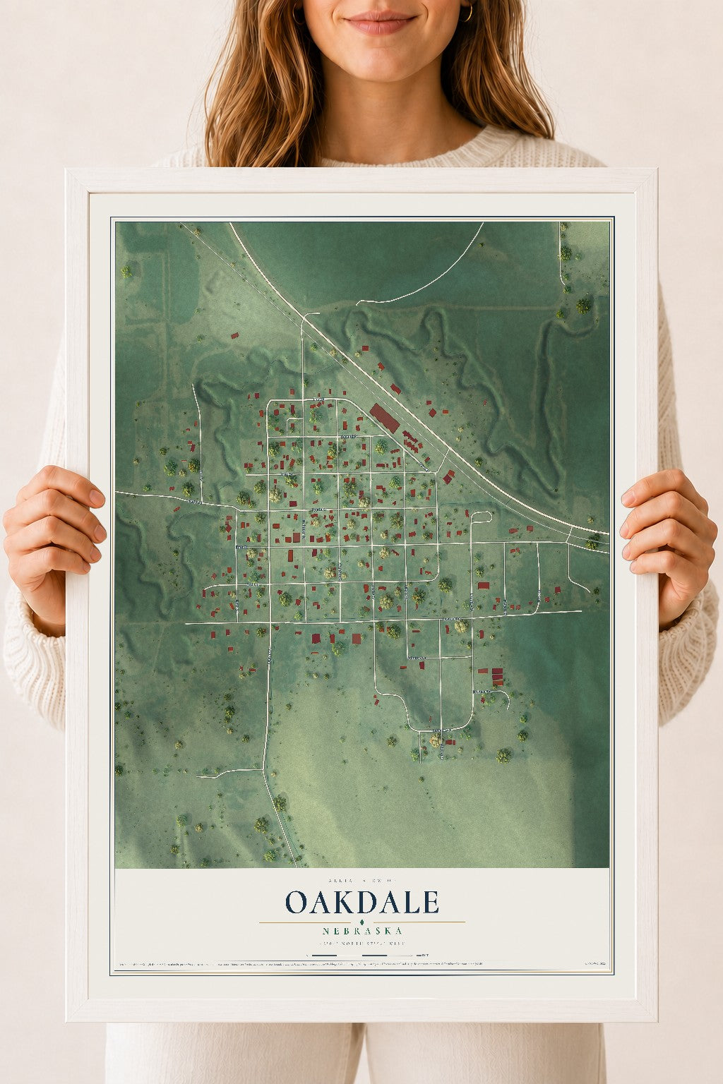 Map of Oakdale, Nebraska, 18 x 24 inch print in a white wood frame