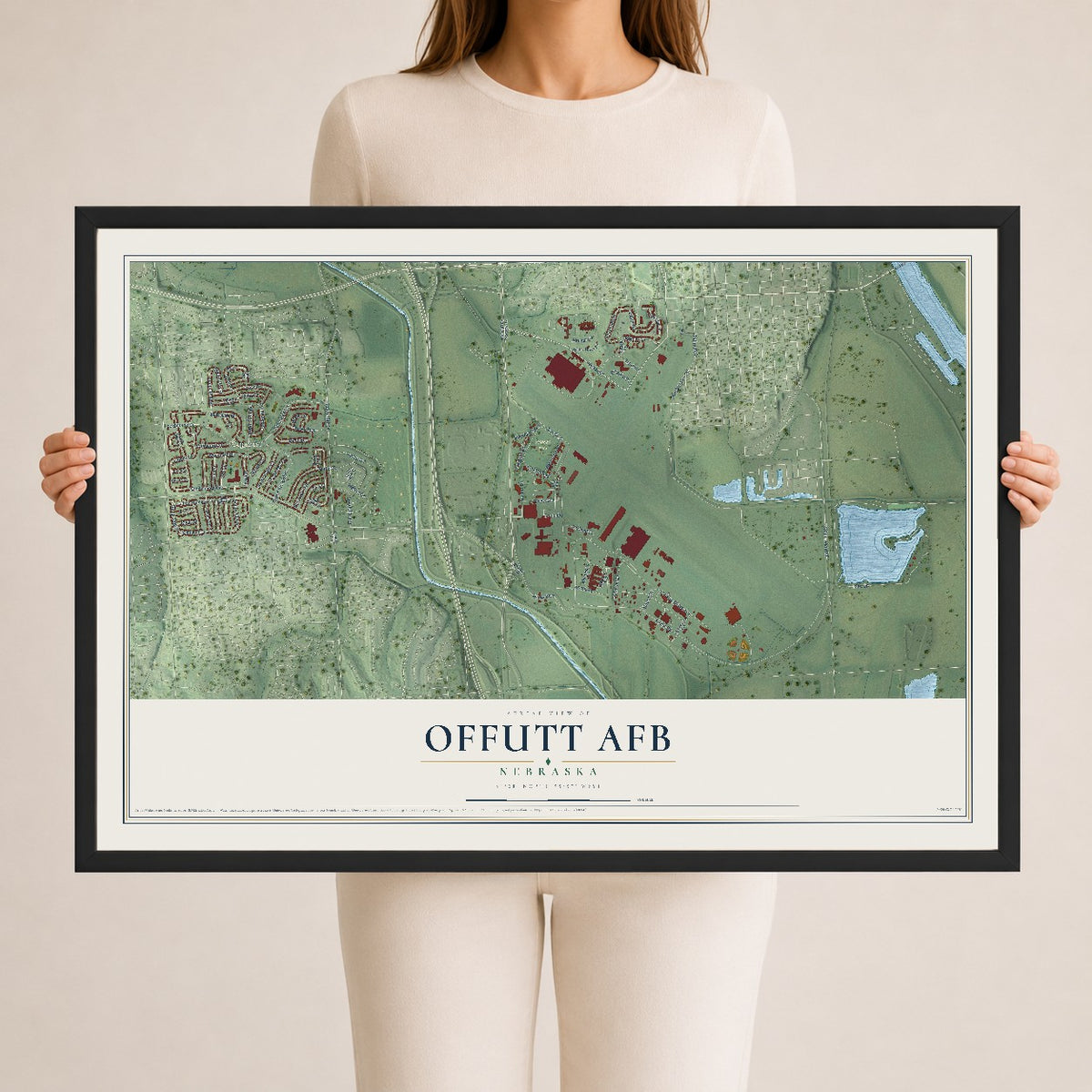 Map of Offutt AFB, Nebraska, 24 x 36 inch print in a black wood frame