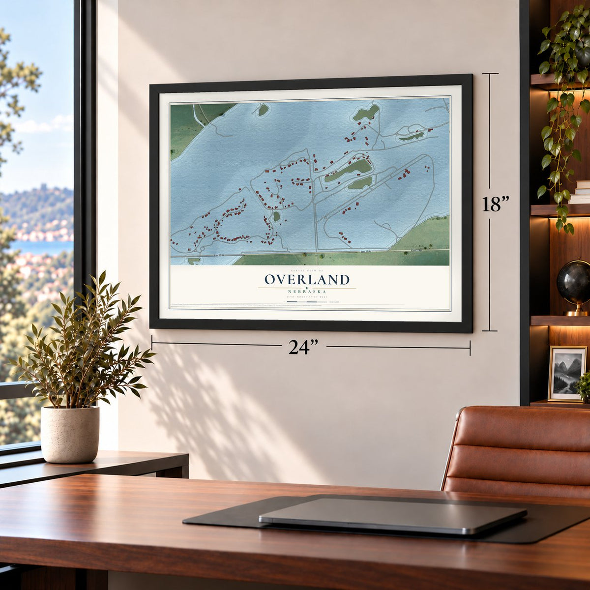 Overland, Nebraska map, 18 x 24 inch print in a black frame in a home office