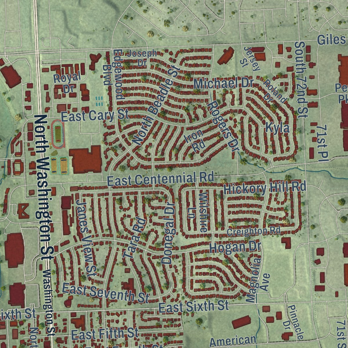 Close-up of the map of Papillion, Nebraska print showing street and building detail