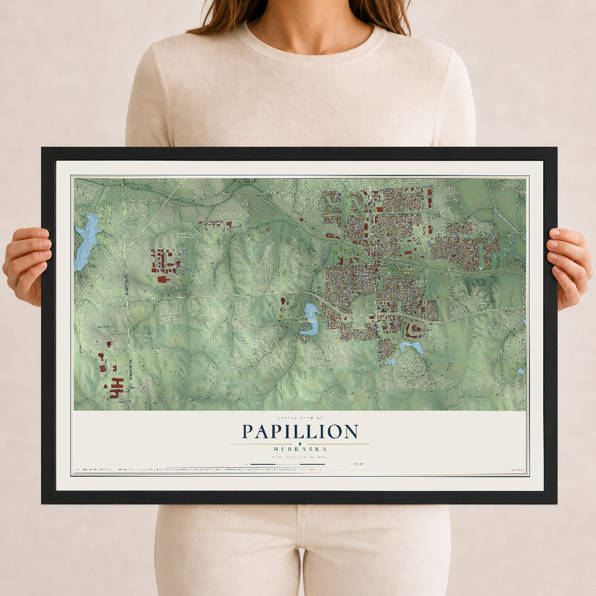Map of Papillion, Nebraska, 12 x 18 inch print in a black wood frame