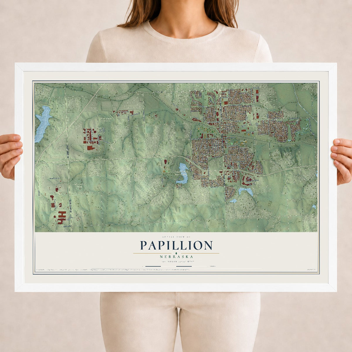 Map of Papillion, Nebraska, 18 x 24 inch print in a white wood frame