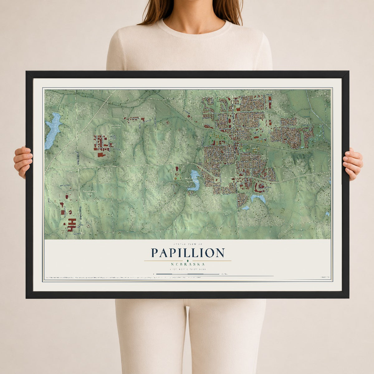 Map of Papillion, Nebraska, 24 x 36 inch print in a black wood frame