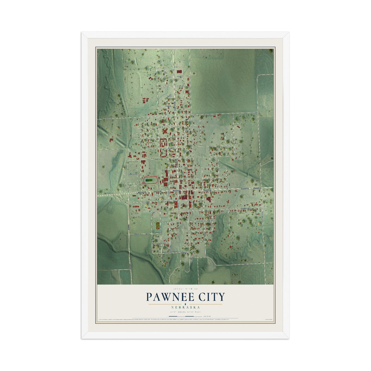 Map of Pawnee City, Nebraska, 12 x 18 inch print in a white wood frame