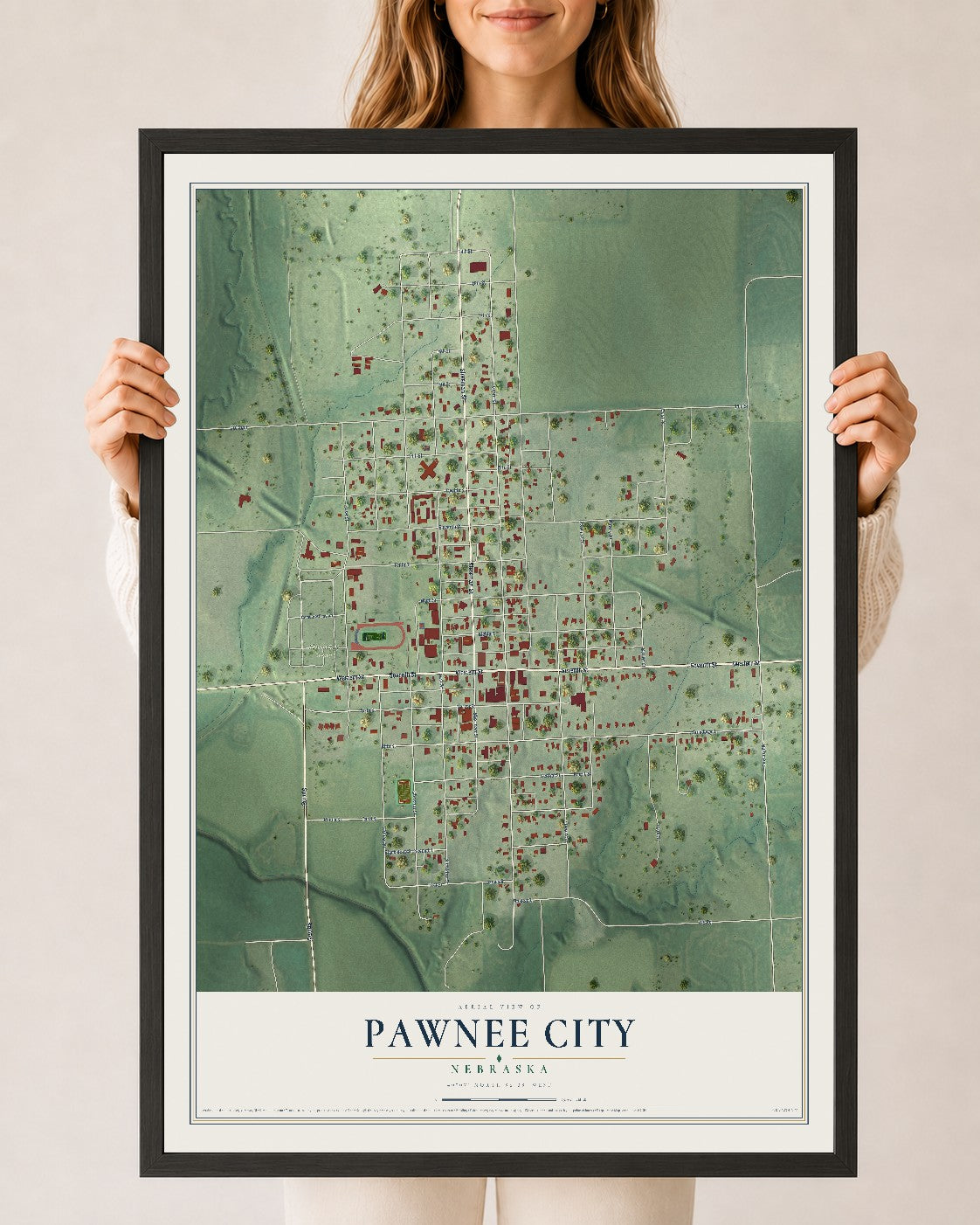 Map of Pawnee City, Nebraska, 24 x 36 inch print in a black wood frame