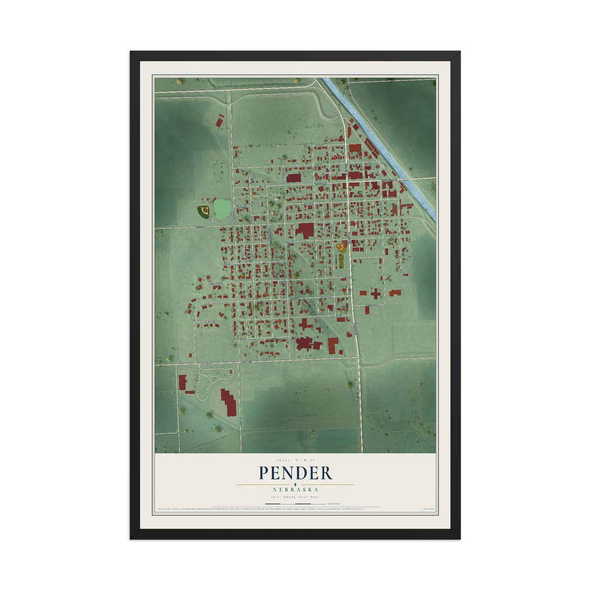 Map of Pender, Nebraska, 12 x 18 inch print in a black wood frame
