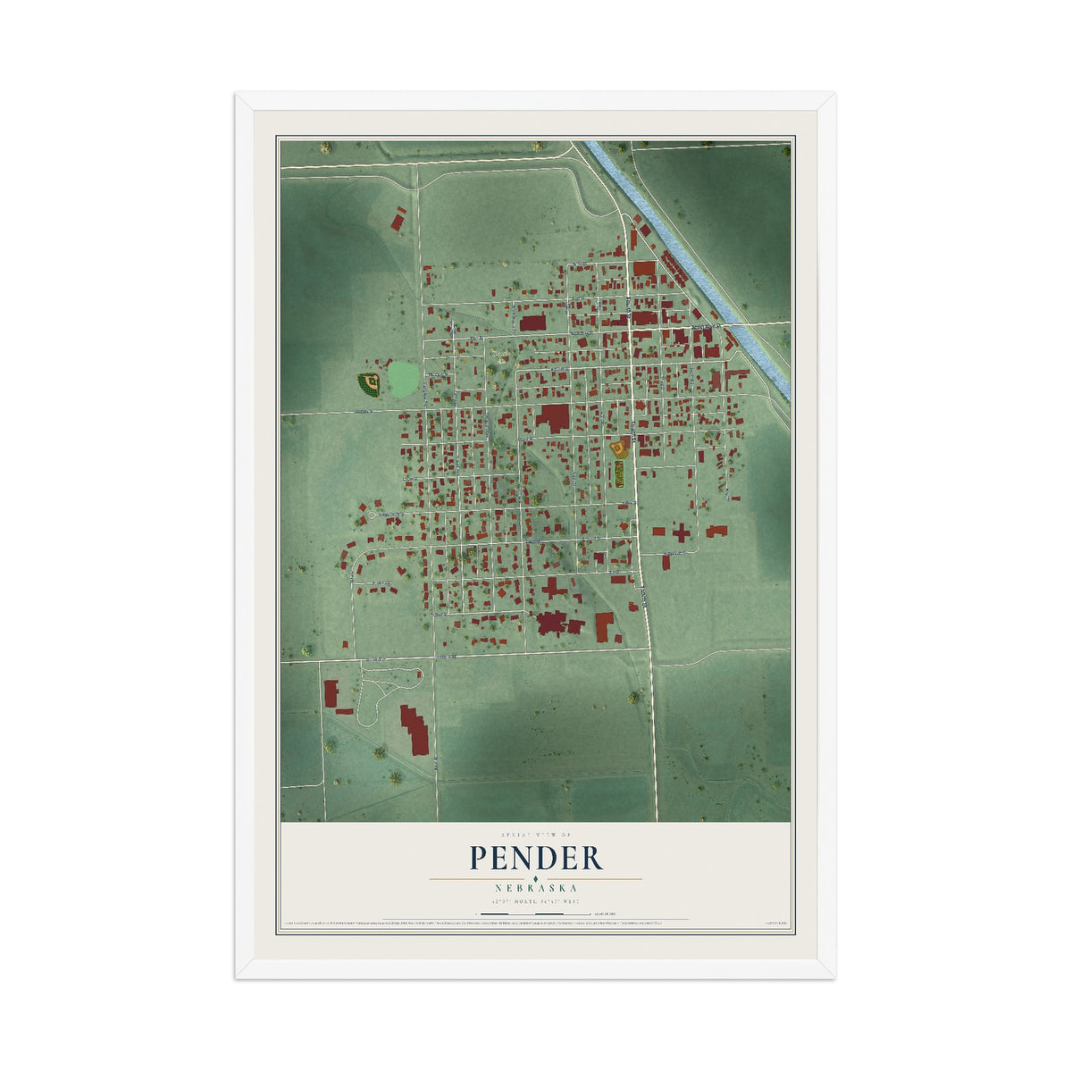 Map of Pender, Nebraska, 12 x 18 inch print in a white wood frame