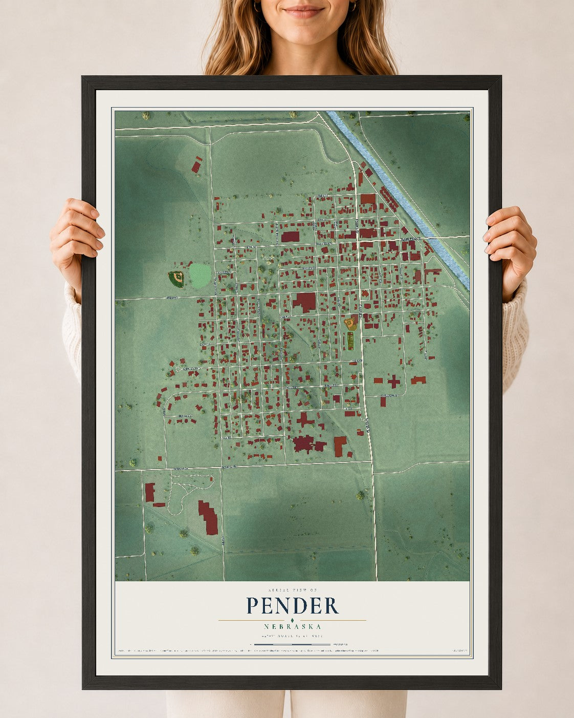 Map of Pender, Nebraska, 24 x 36 inch print in a black wood frame