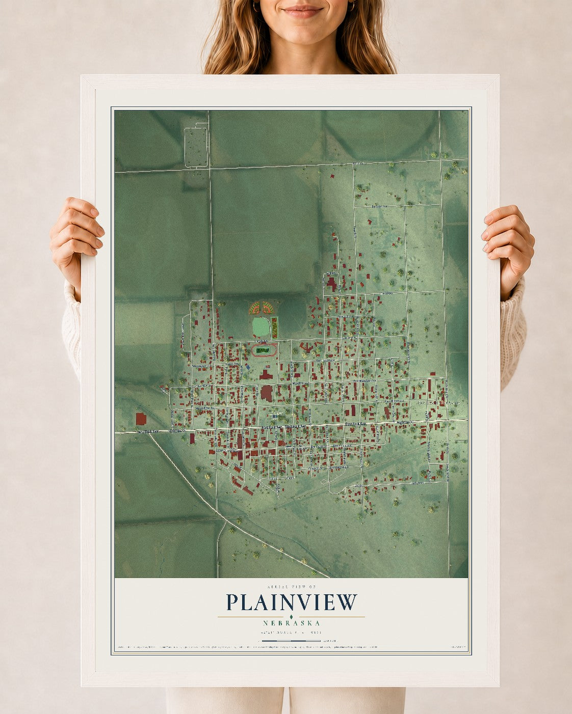 Map of Plainview, Nebraska, 24 x 36 inch print in a white wood frame