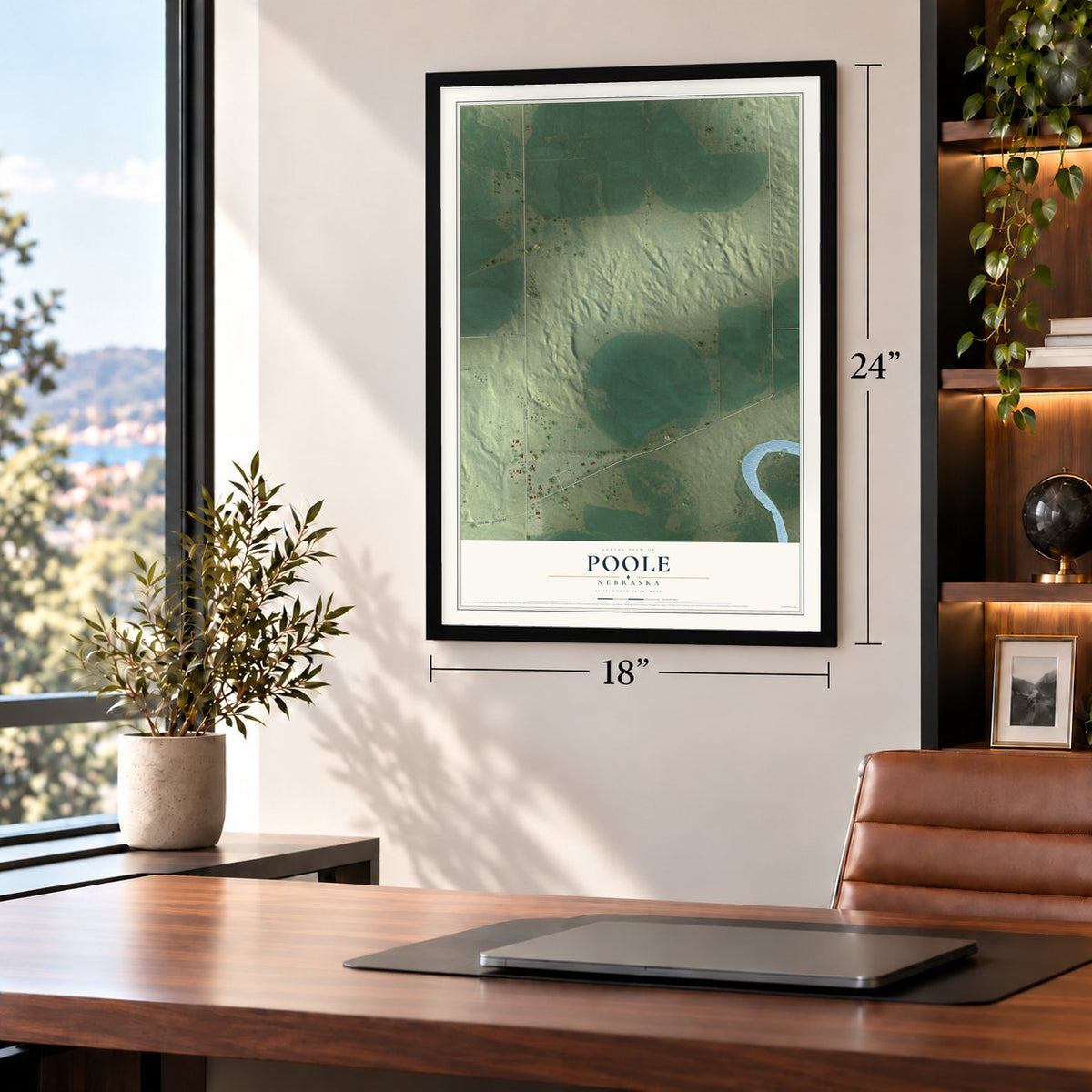 Poole, Nebraska map, 18 x 24 inch print in a black frame in a home office