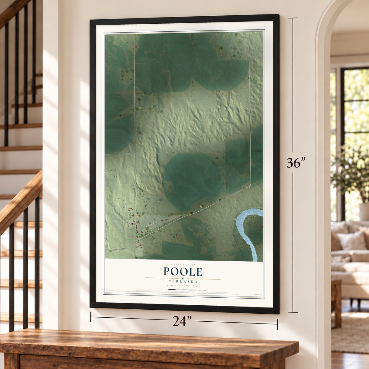 Poole, Nebraska map, 24 x 36 inch print in a black frame by a staircase