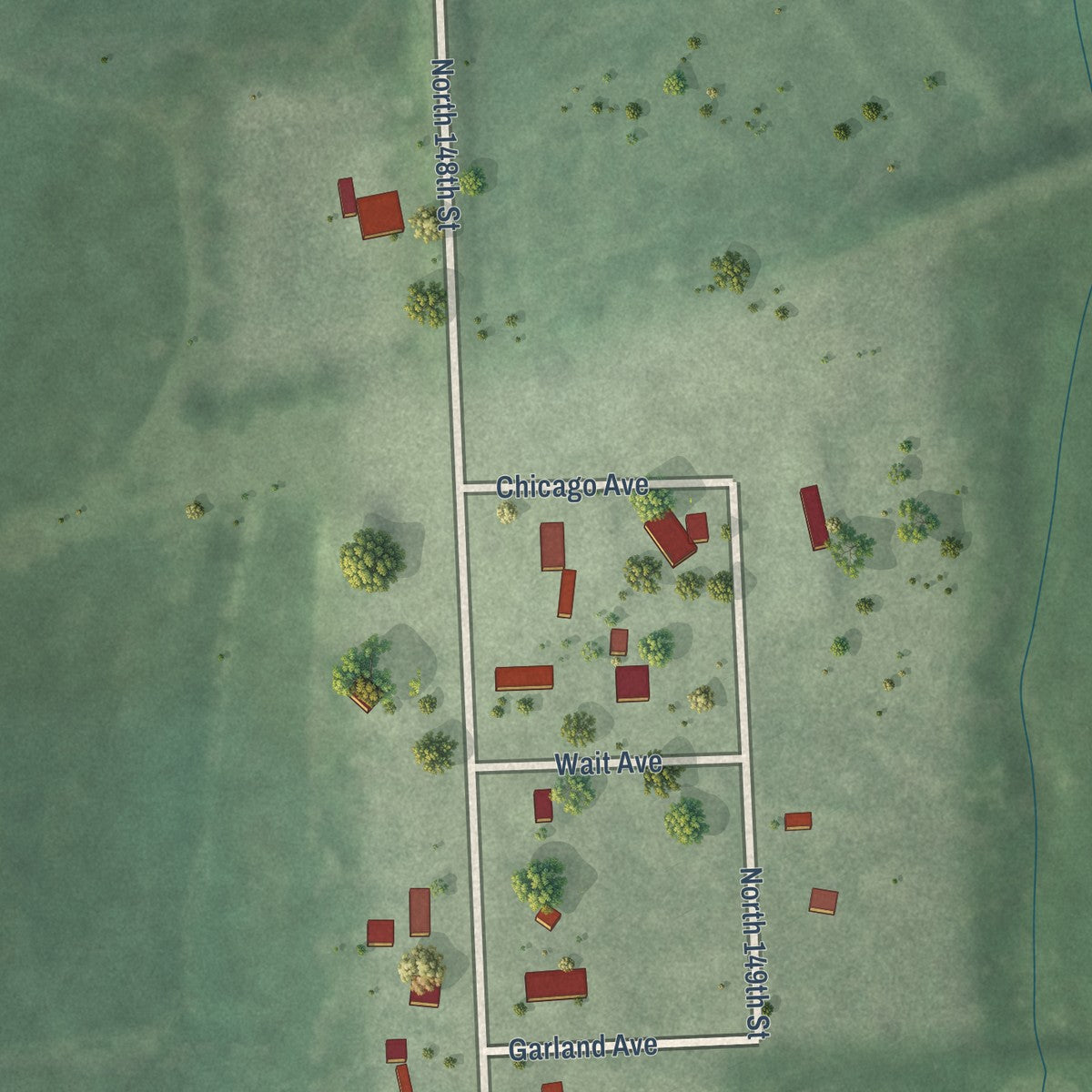 Close-up of the map of Prairie Home, Nebraska print showing street and building detail