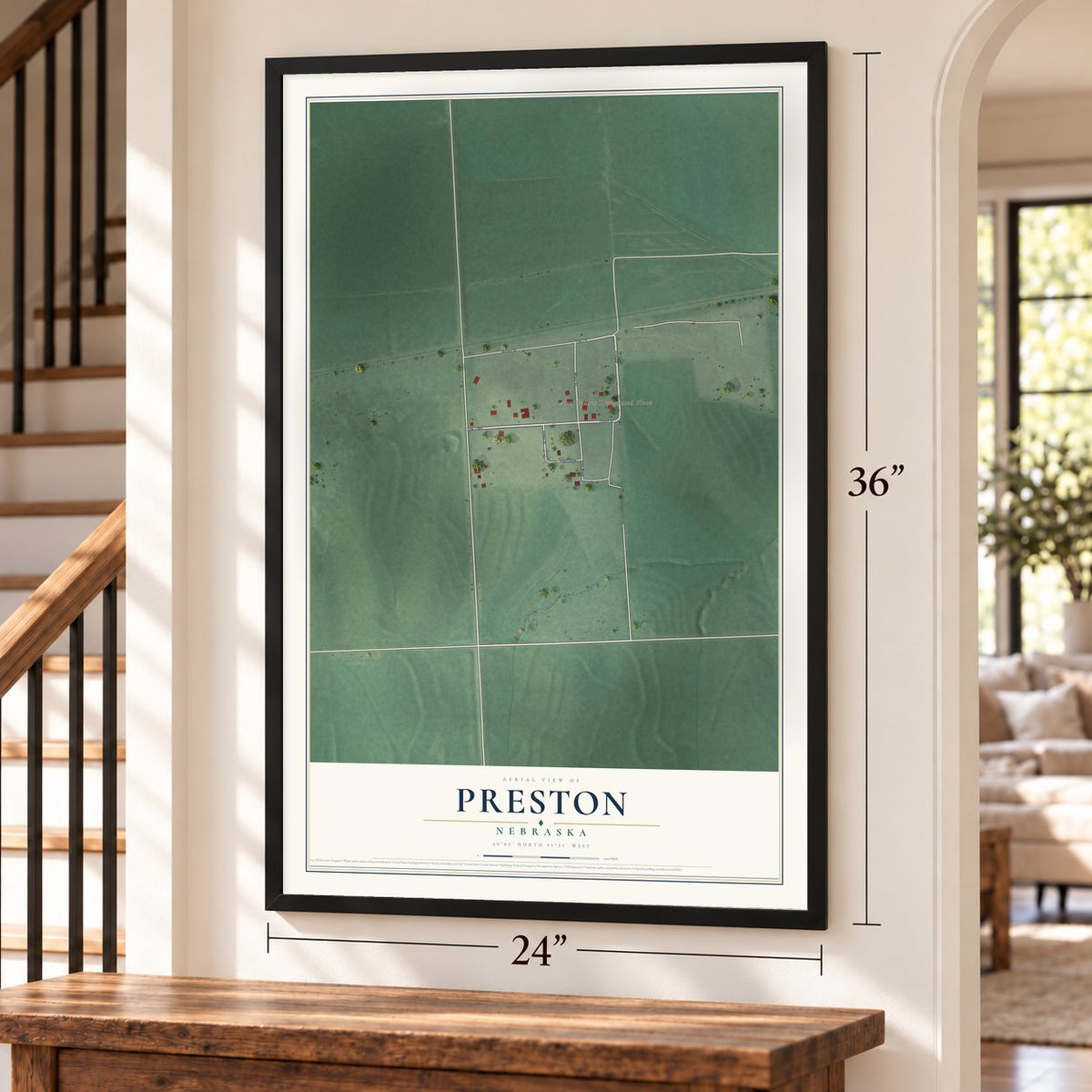 Preston, Nebraska map, 24 x 36 inch print in a black frame by a staircase