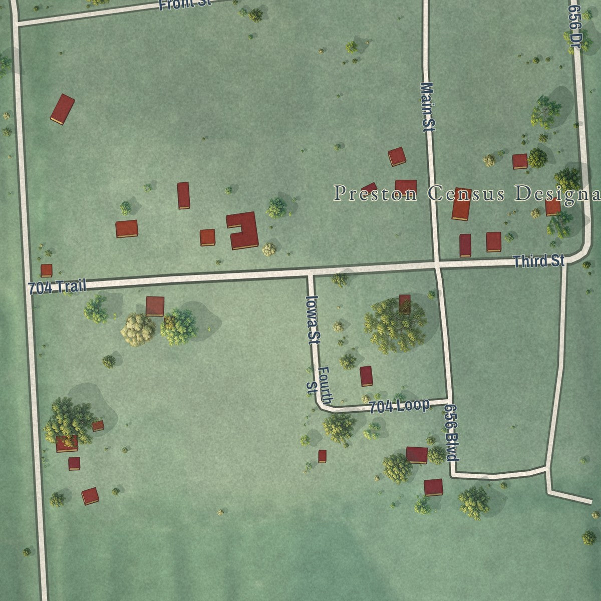 Close-up of the map of Preston, Nebraska print showing street and building detail