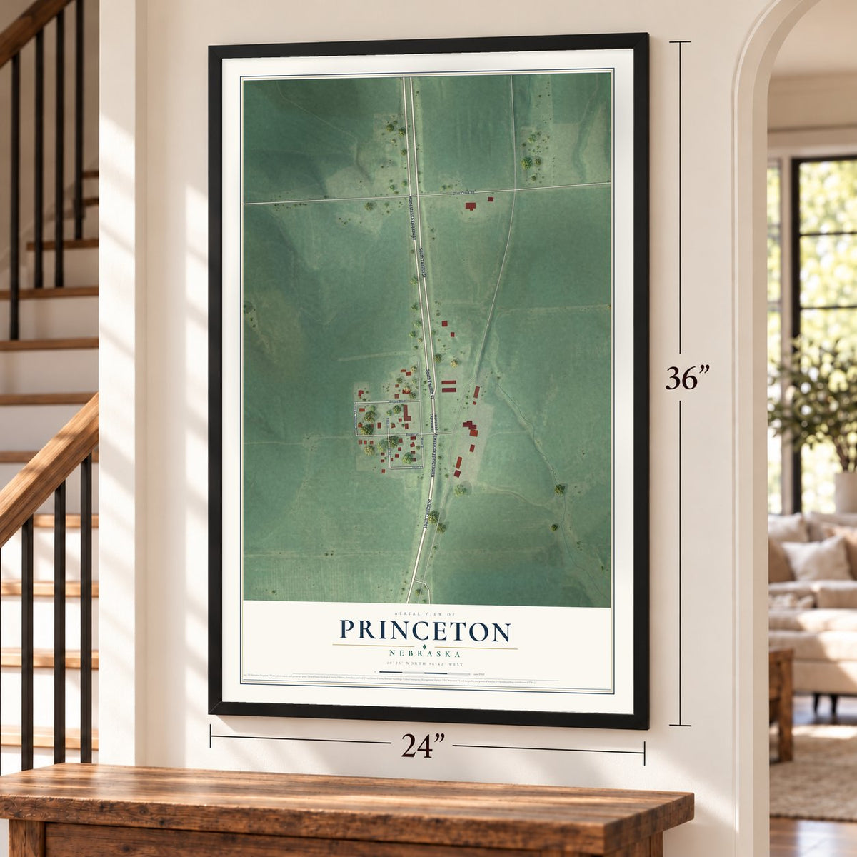 Princeton, Nebraska map, 24 x 36 inch print in a black frame by a staircase