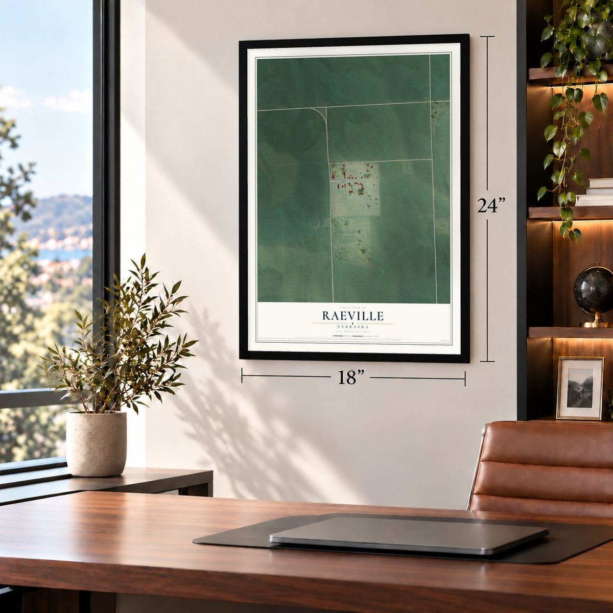 Raeville, Nebraska map, 18 x 24 inch print in a black frame in a home office