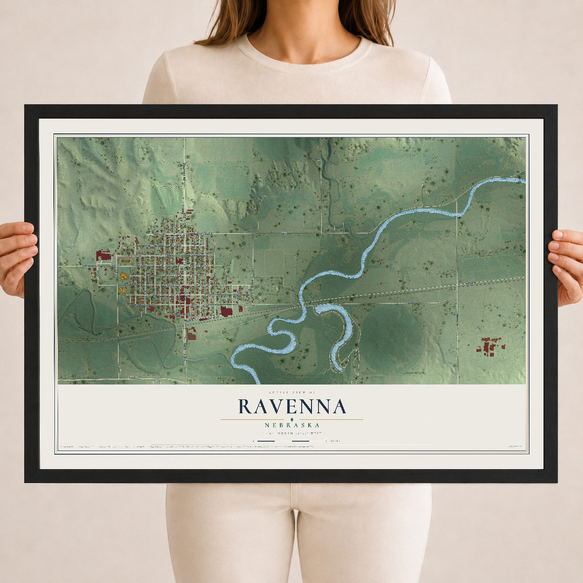 Map of Ravenna, Nebraska, 18 x 24 inch print in a black wood frame