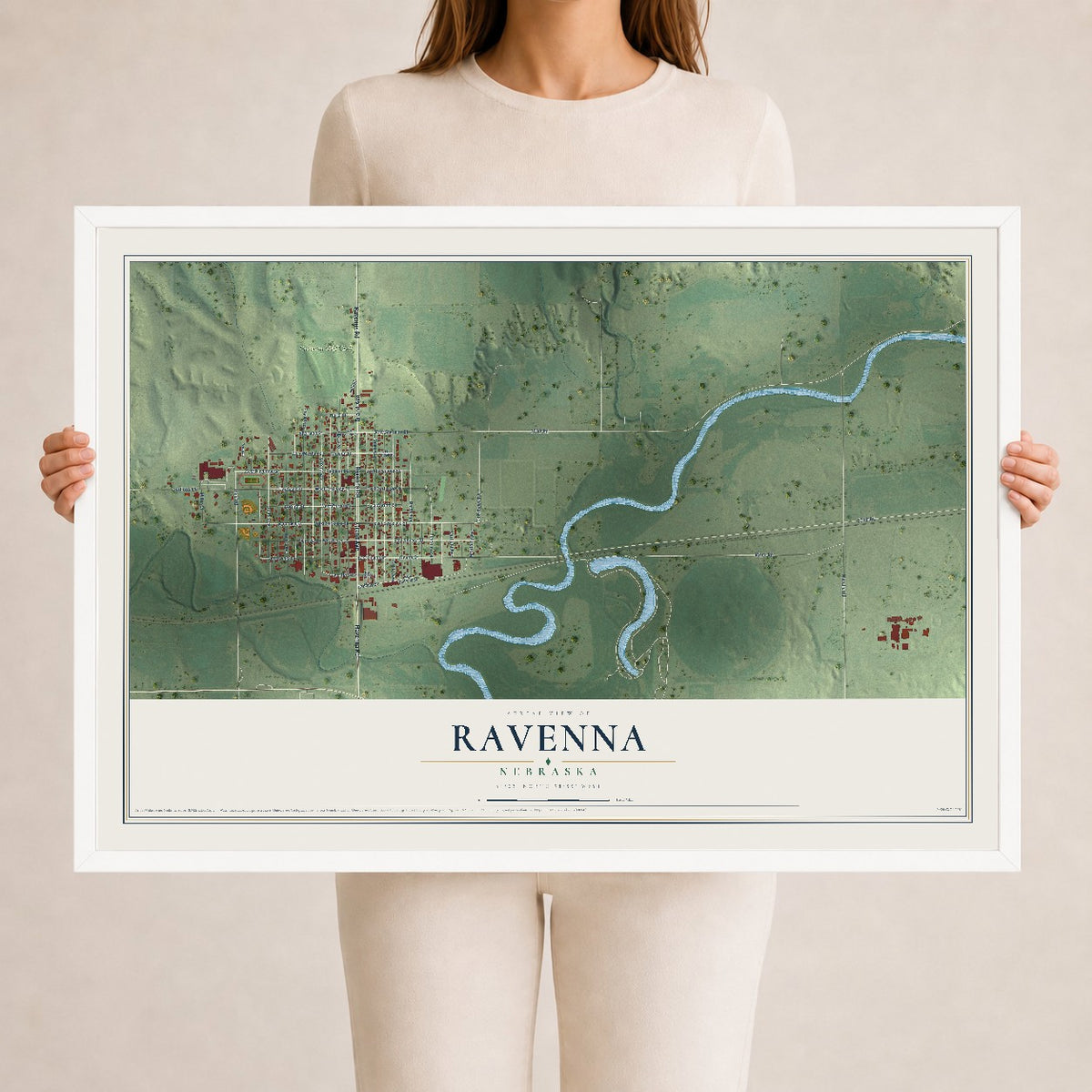 Map of Ravenna, Nebraska, 24 x 36 inch print in a white wood frame