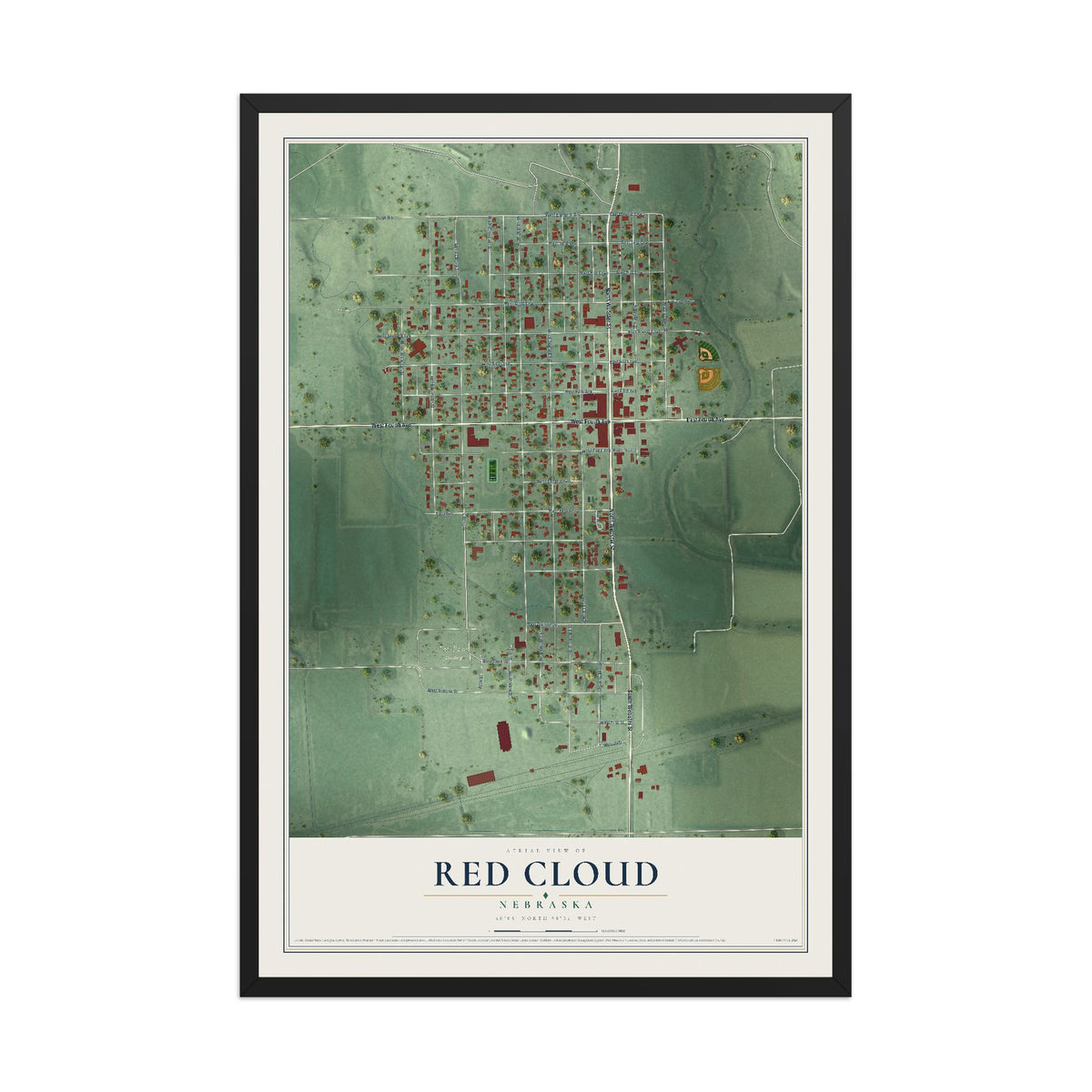 Map of Red Cloud, Nebraska, 12 x 18 inch print in a black wood frame