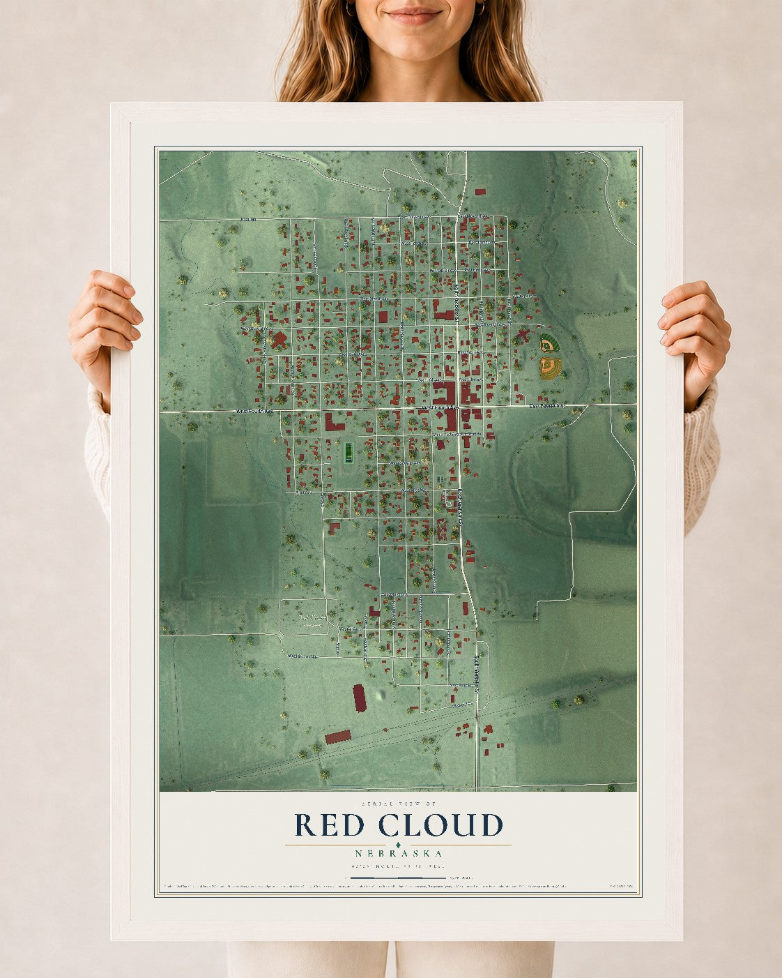 Map of Red Cloud, Nebraska, 24 x 36 inch print in a white wood frame