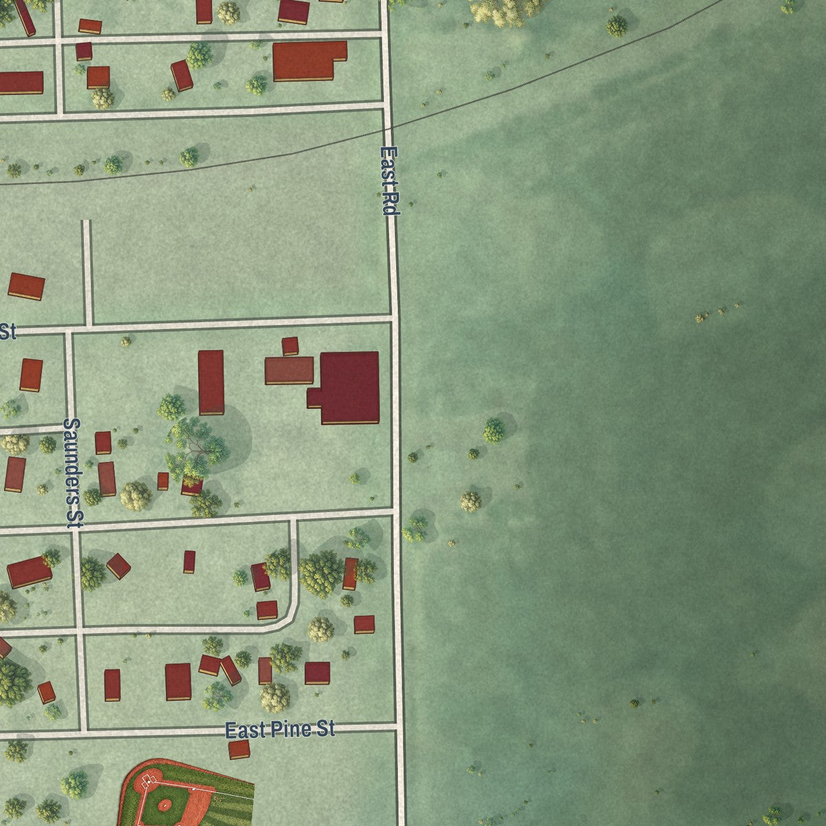 Second close-up of the map of Rising City, Nebraska print showing more streets and buildings