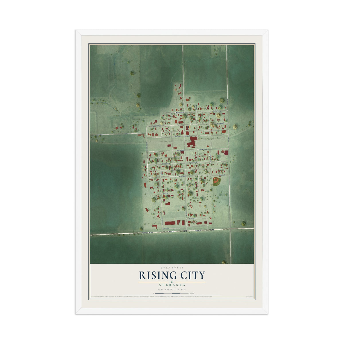 Map of Rising City, Nebraska, 12 x 18 inch print in a white wood frame