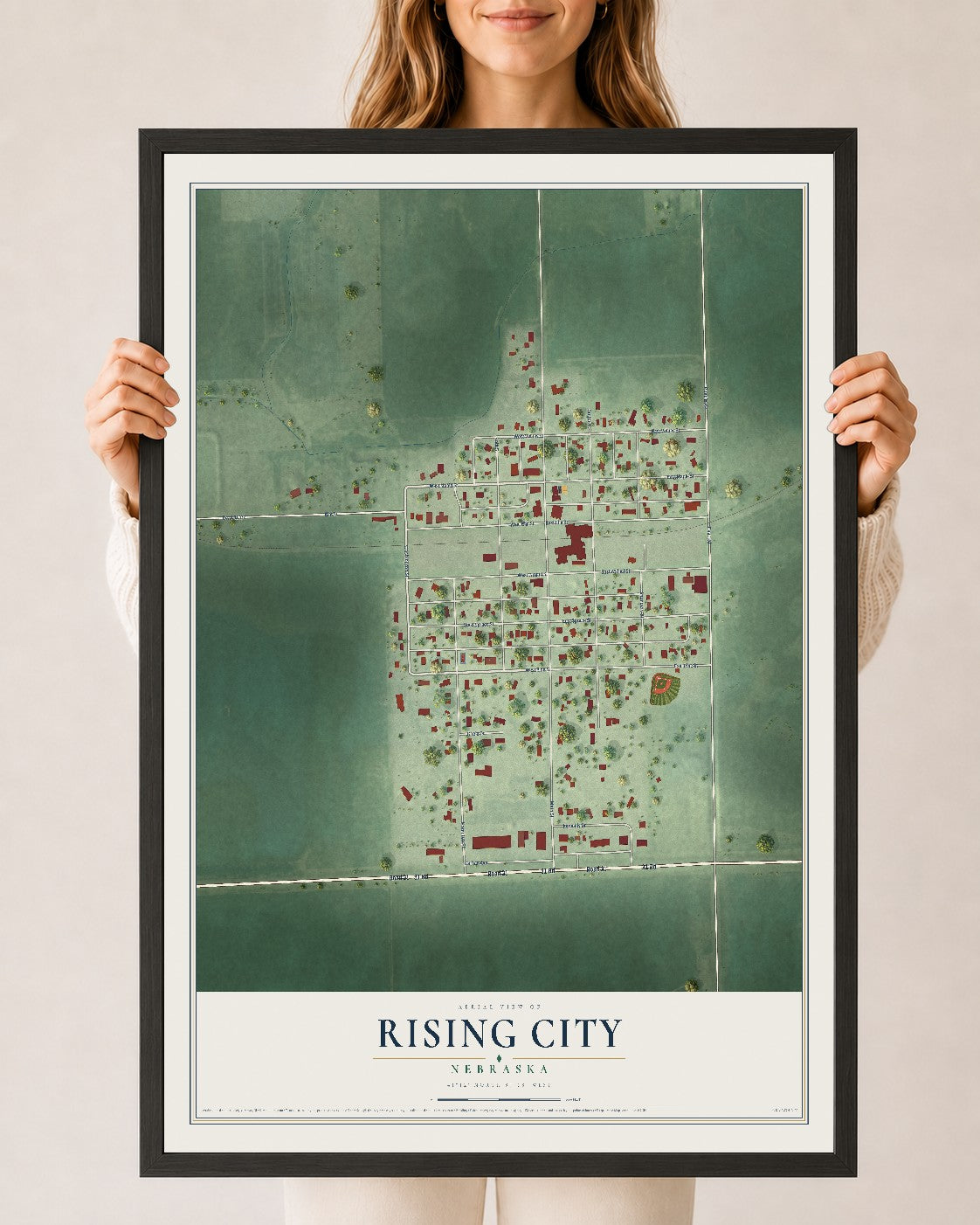 Map of Rising City, Nebraska, 24 x 36 inch print in a black wood frame