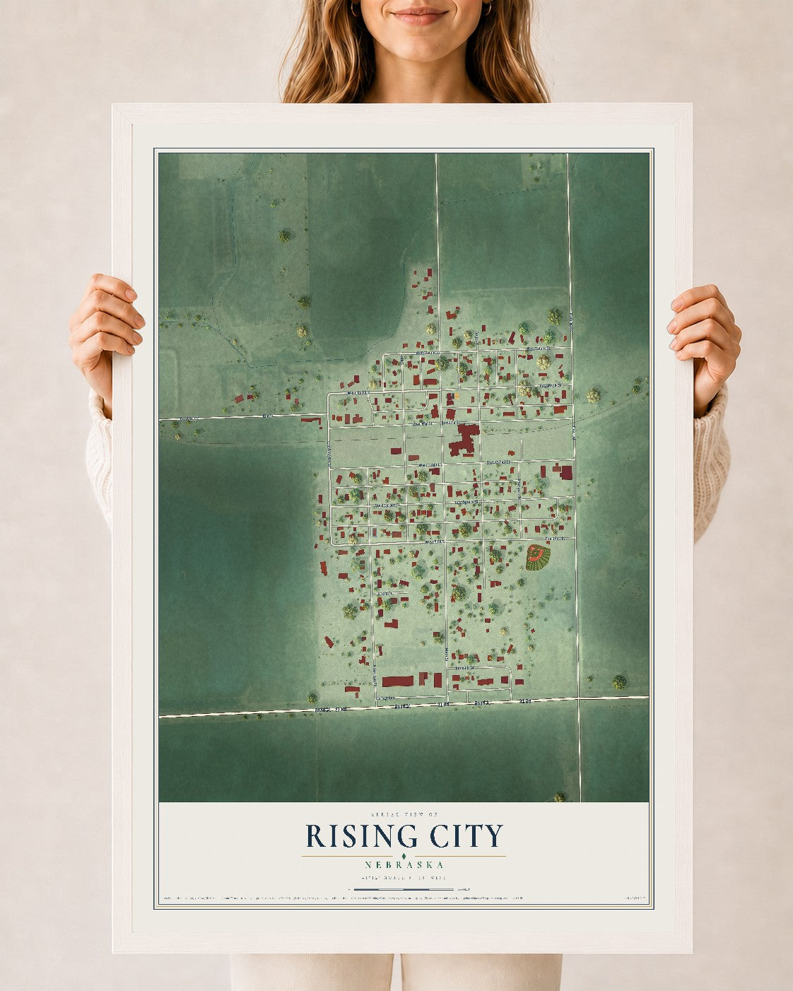 Map of Rising City, Nebraska, 24 x 36 inch print in a white wood frame