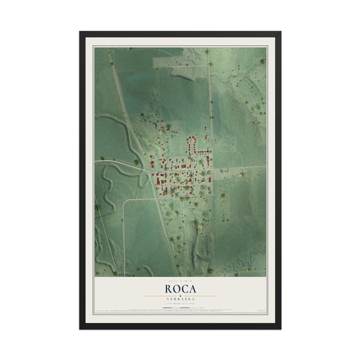 Map of Roca, Nebraska, 12 x 18 inch print in a black wood frame