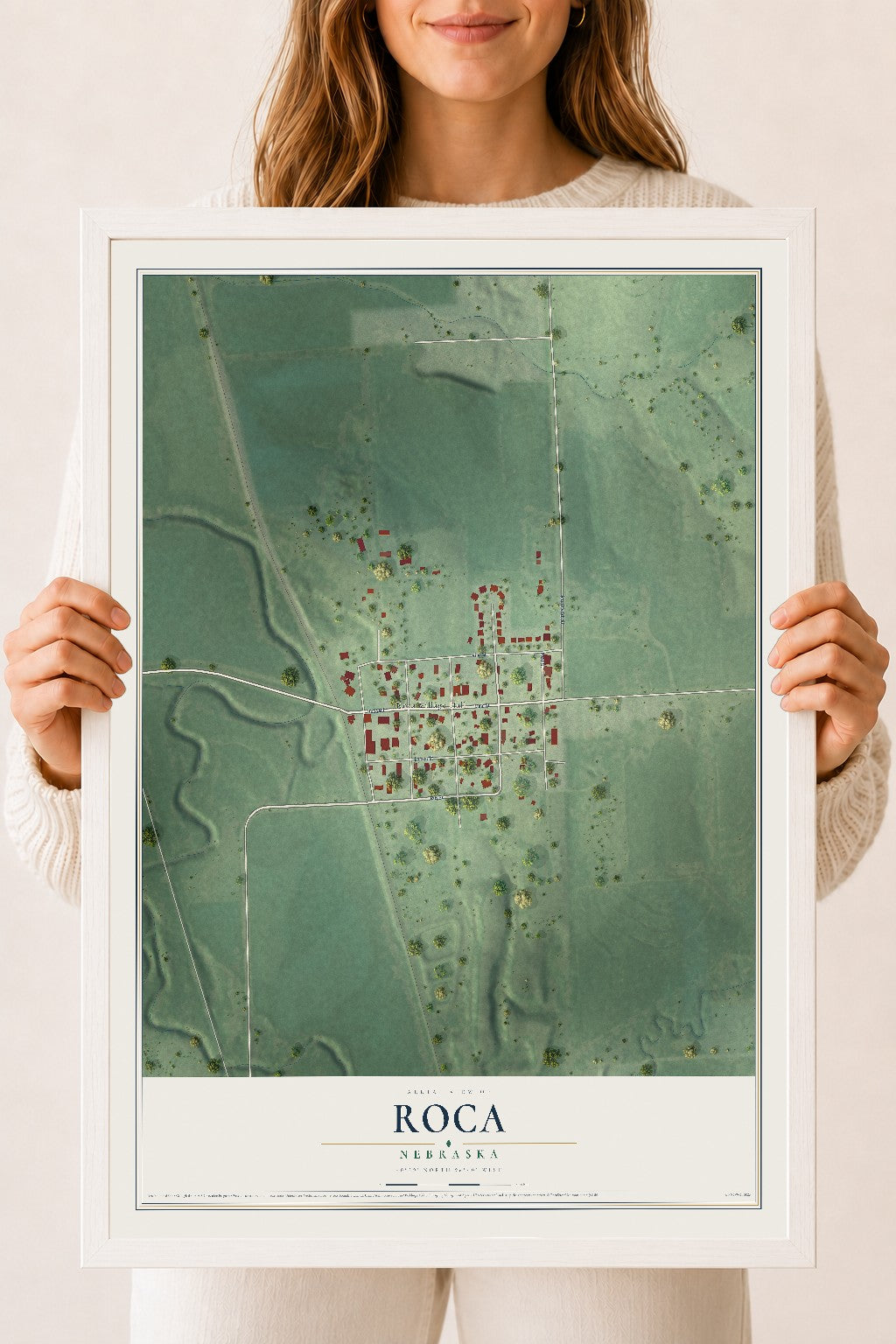Map of Roca, Nebraska, 18 x 24 inch print in a white wood frame
