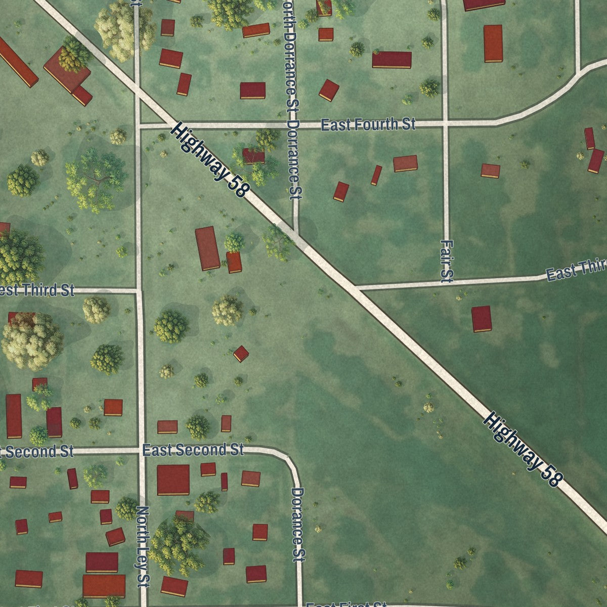 Close-up of the map of Rockville, Nebraska print showing street and building detail