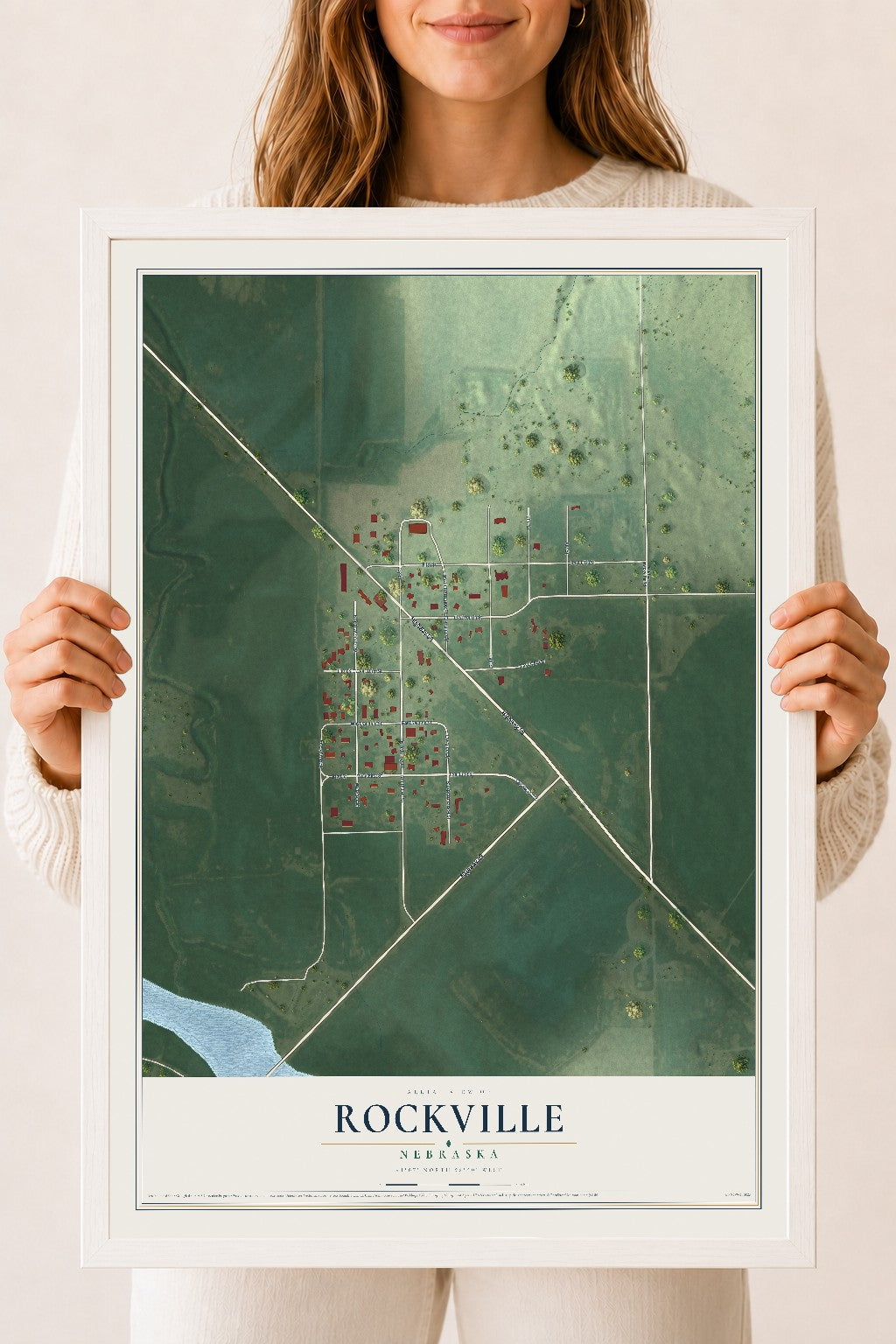 Map of Rockville, Nebraska, 18 x 24 inch print in a white wood frame