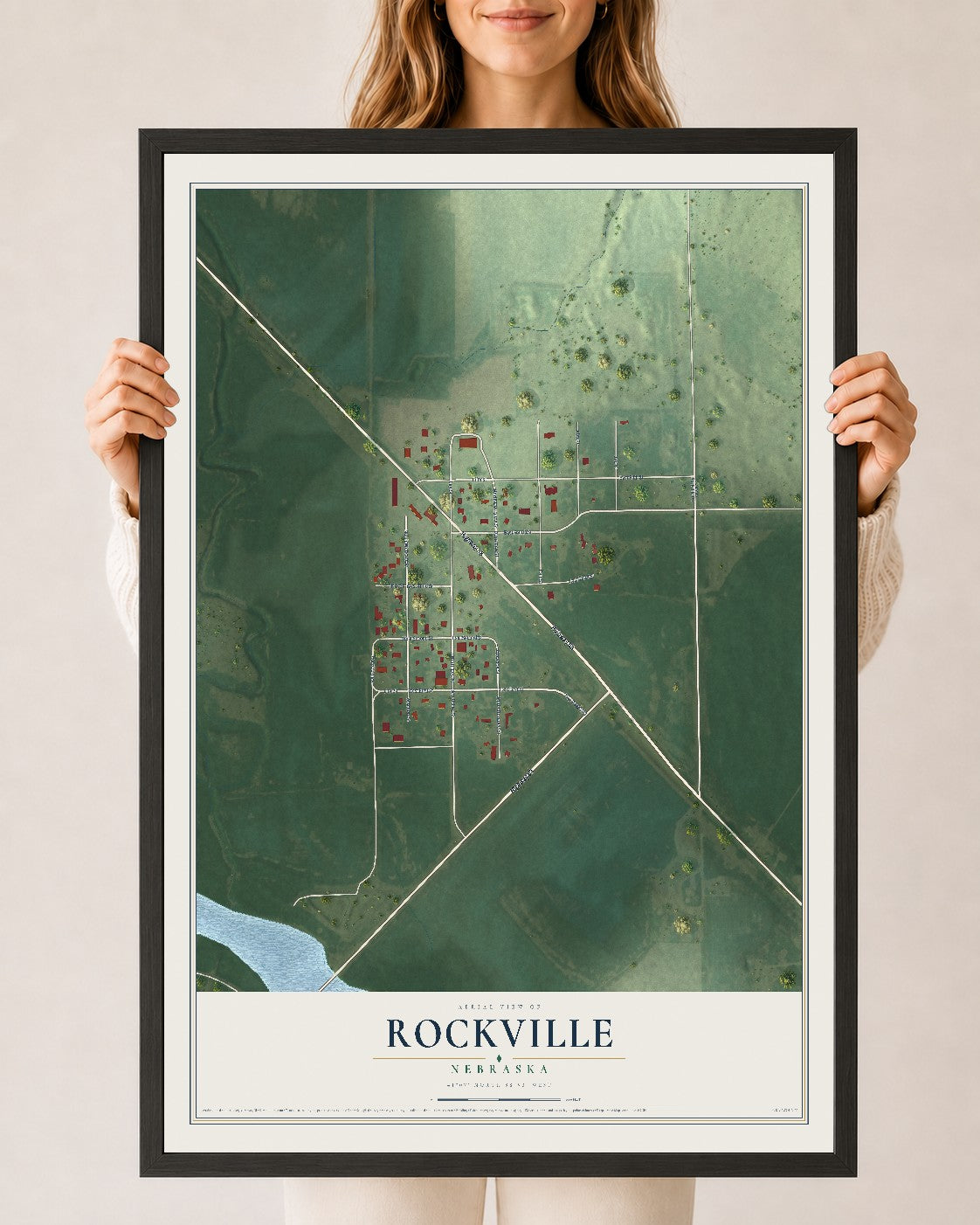 Map of Rockville, Nebraska, 24 x 36 inch print in a black wood frame