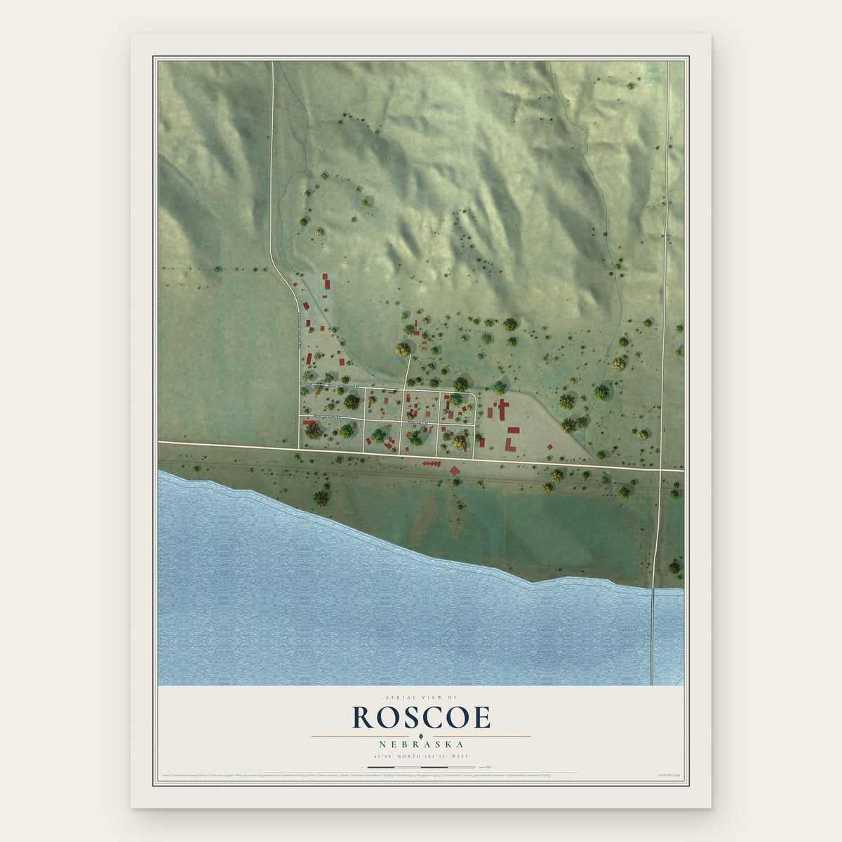 Roscoe, Nebraska map print, the full design