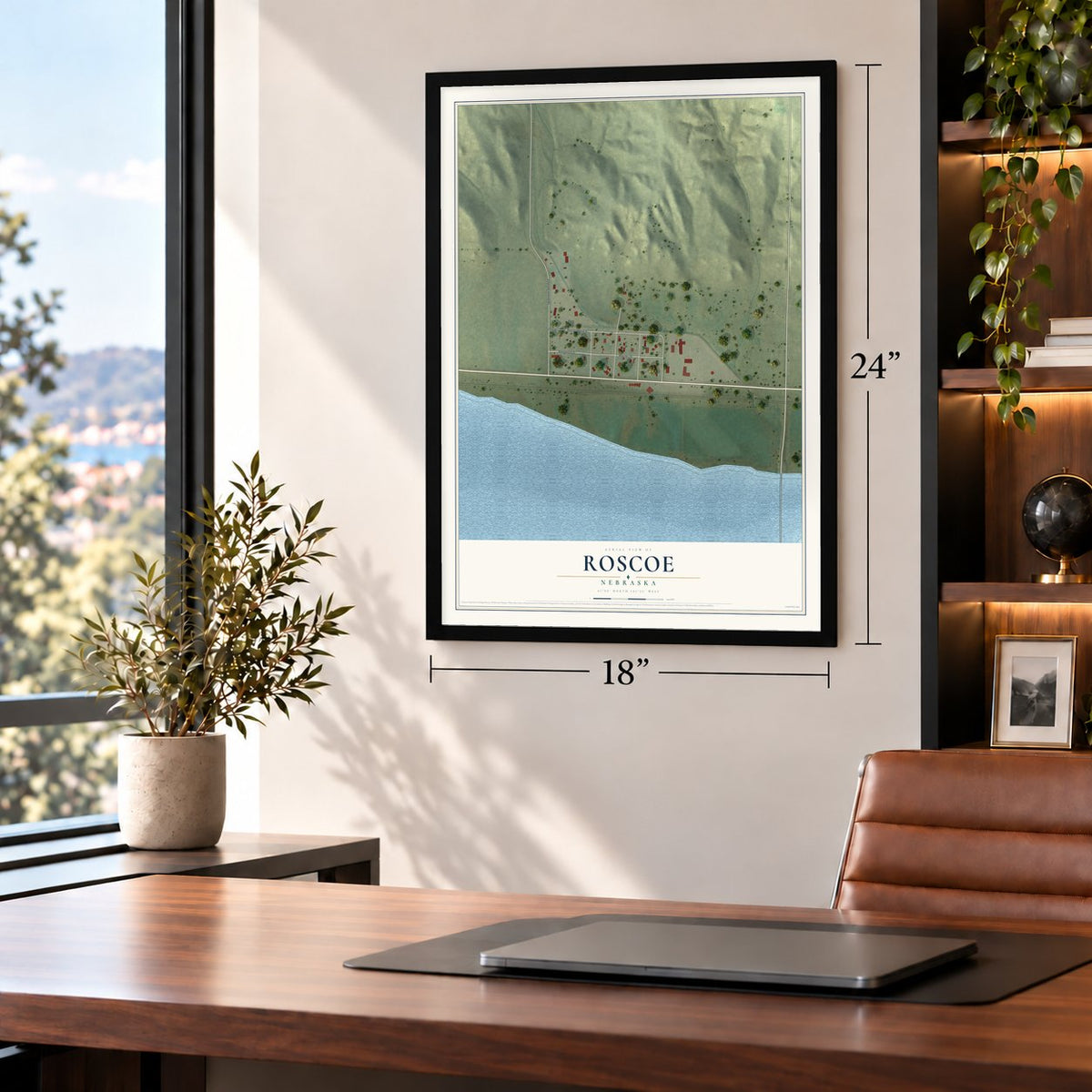 Roscoe, Nebraska map, 18 x 24 inch print in a black frame in a home office